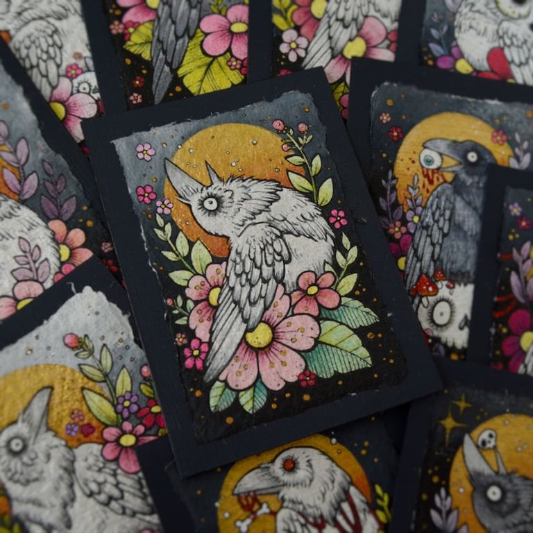 white raven in spring blossom - original aceo illustration