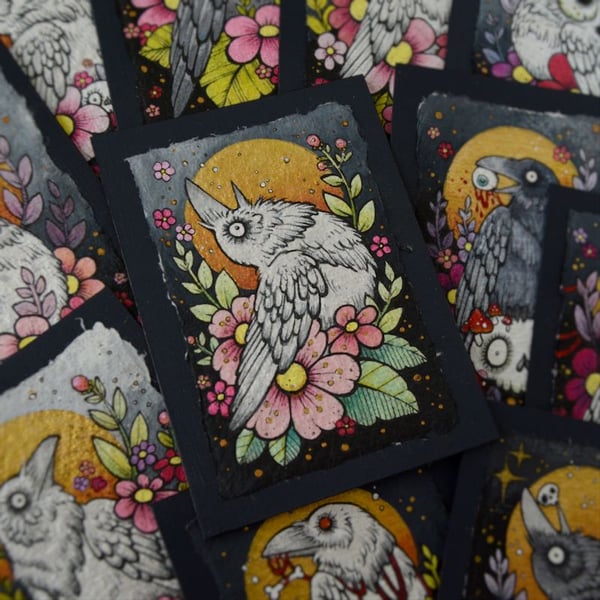 white raven in spring blossom - original aceo illustration