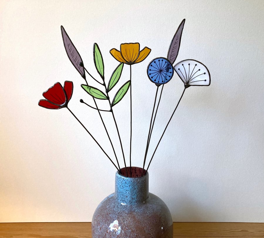 Forever Eternal Wild Flowers on stems - Handmade Stained Glass Flowers