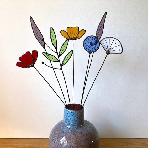 Forever Eternal Wild Flowers on stems - Handmade Stained Glass Flowers