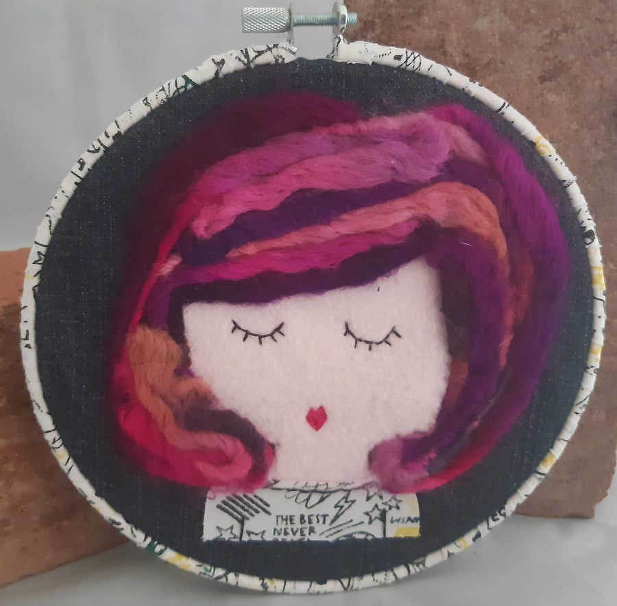 Seconds Sunday - Pink Haired Girl Needle Felted Hoop Art