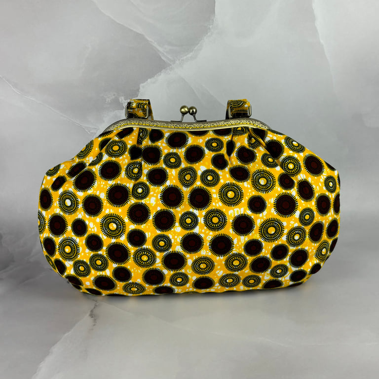 Yellow African print large frame shoulder bag, Kiss clasp bag, Handmade