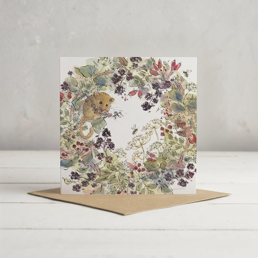 Autumn Wreath and Dormouse Greetings Card (cropped)