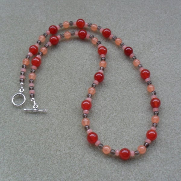 Agate Smoky Quartz Orange and Peach Sterling Silver Necklace