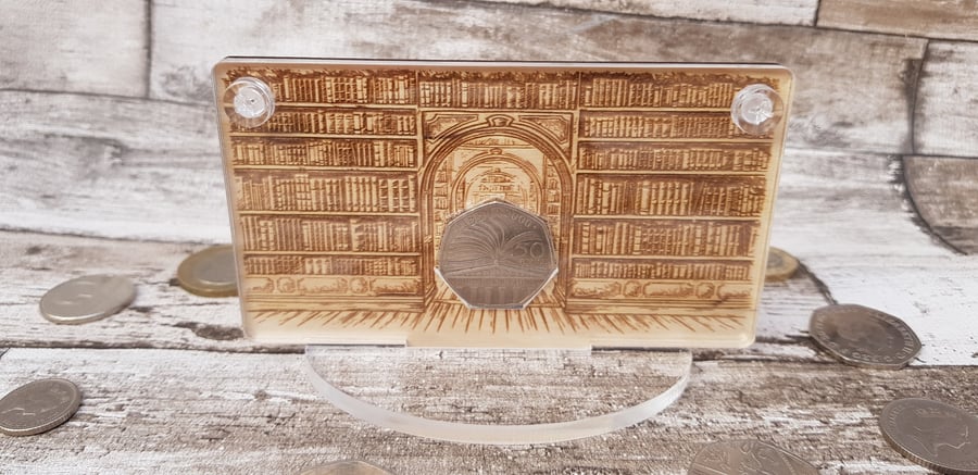Library book UK 50p display case 50 pence holder 150th anniversary of libraries