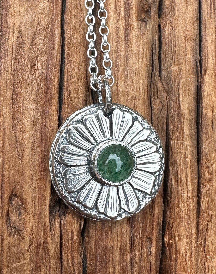 Flower Pendant with Green Quartz Cabochon