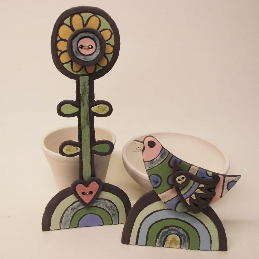Sale Ceramic Bird and Flower pottery decorations Handmade Ceramics