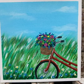 Acrylic Painting. Bicycle. Flower Basket. 10” by 10”. Flat Canvas 