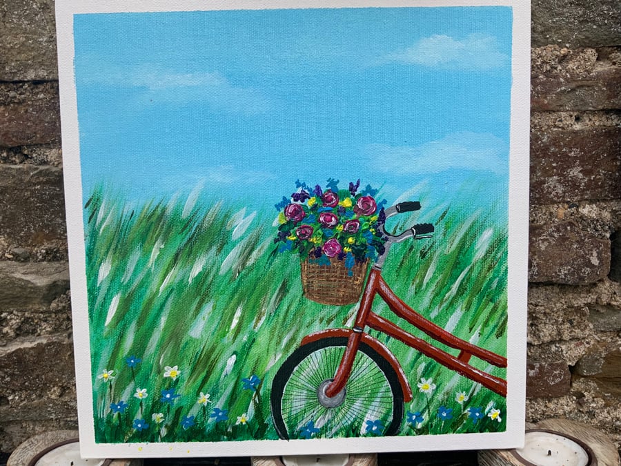 Acrylic Painting. Bicycle. Flower Basket. 10” by 10”. Flat Canvas 