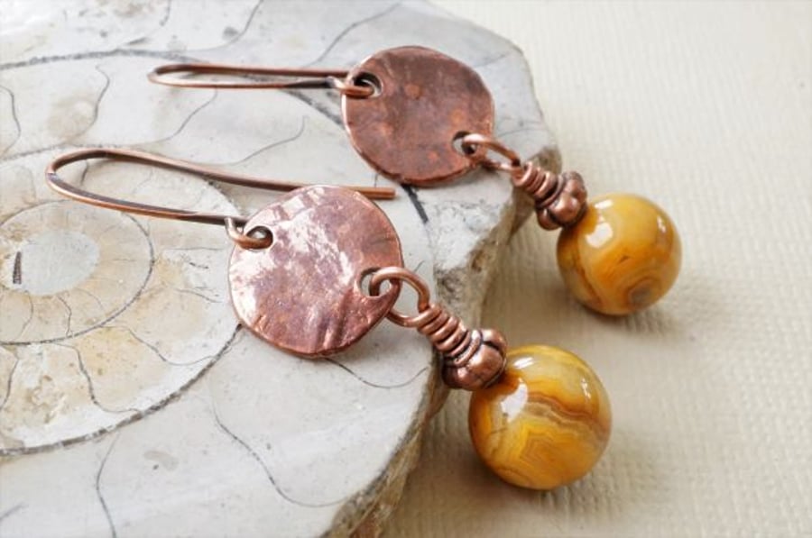 Yellow ochre crazy lace agate gemstone and copper earrings