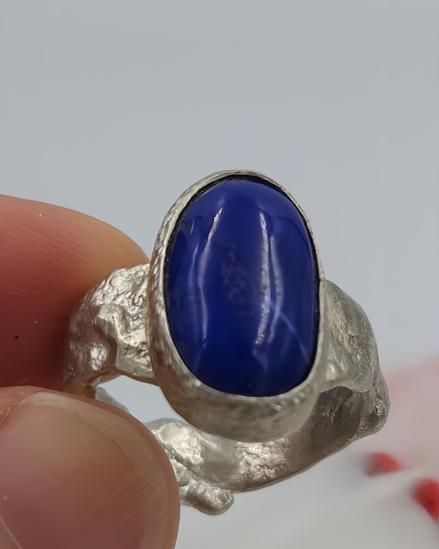 Large Oval Lapis Ring in Textured Silver Bezel on Molten Silver Shank : Size R