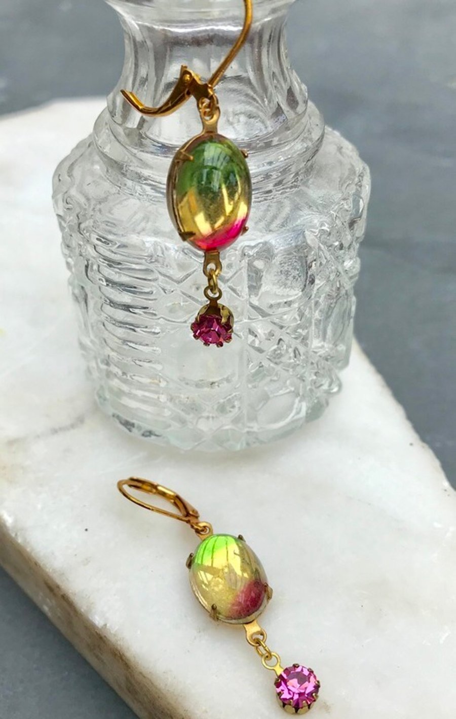  Rainbow glass stone earrings & swarvoski pink round stone