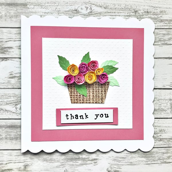 Thank you card - quilled rose basket - boxed card option