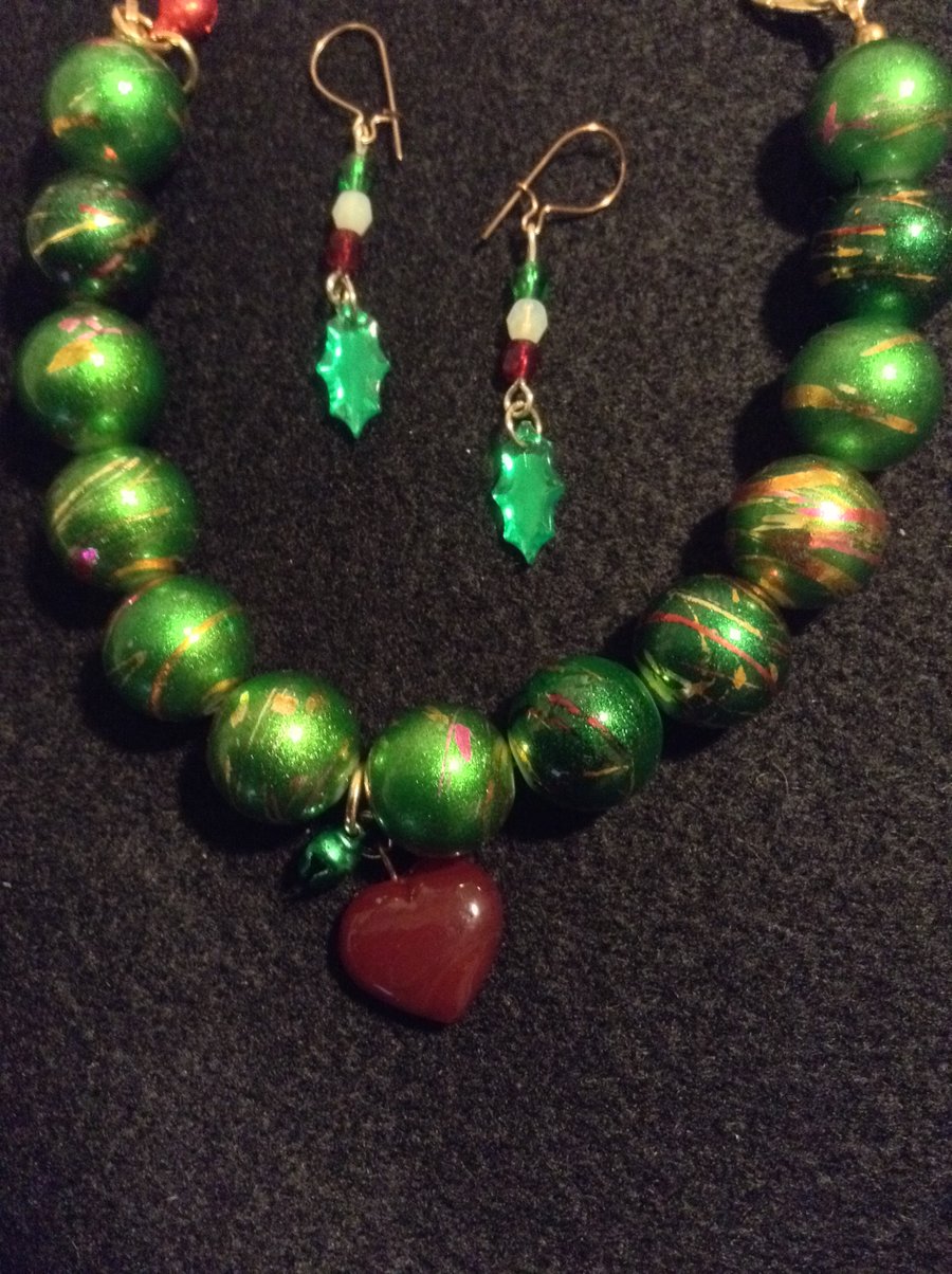 Handmade Red, Green & Gold Beads Christmas,  Bracelet Earring Set