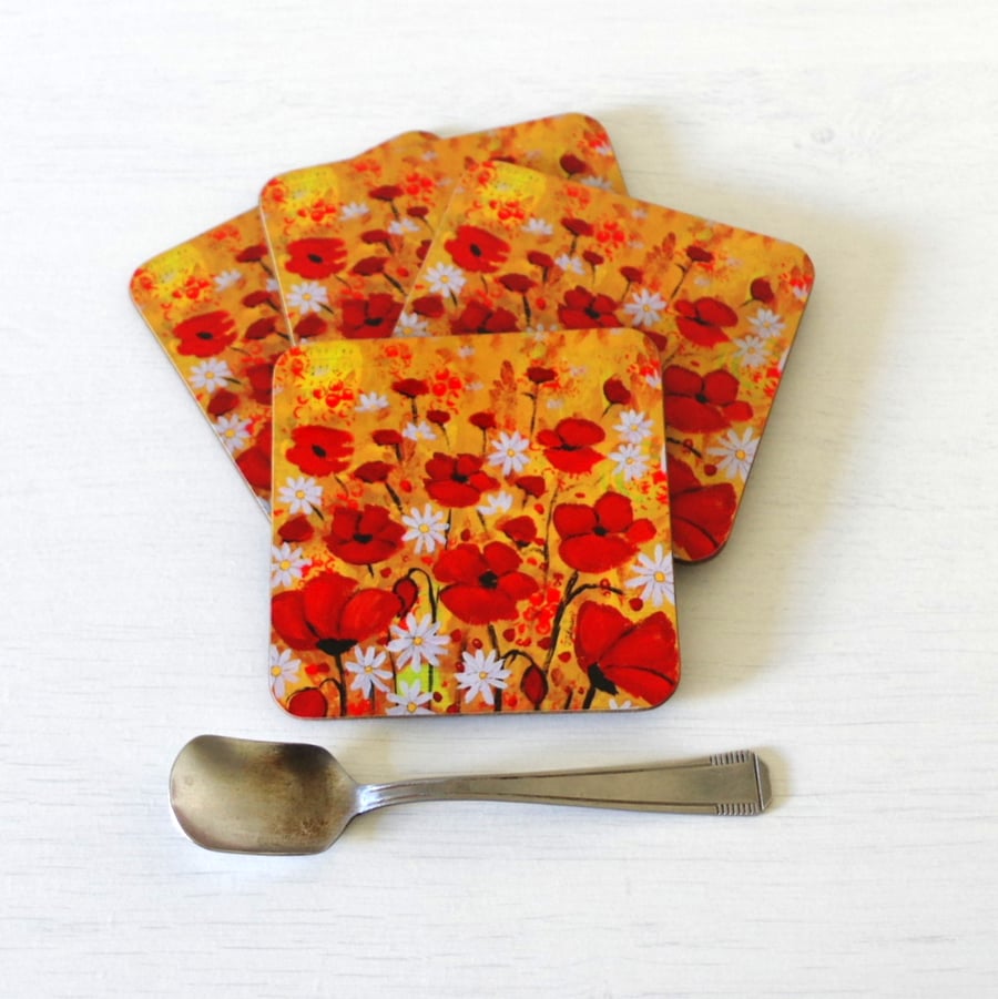 Poppy Red Coasters set of 4, Artist Painting Floral Coasters, Gloss Coasters