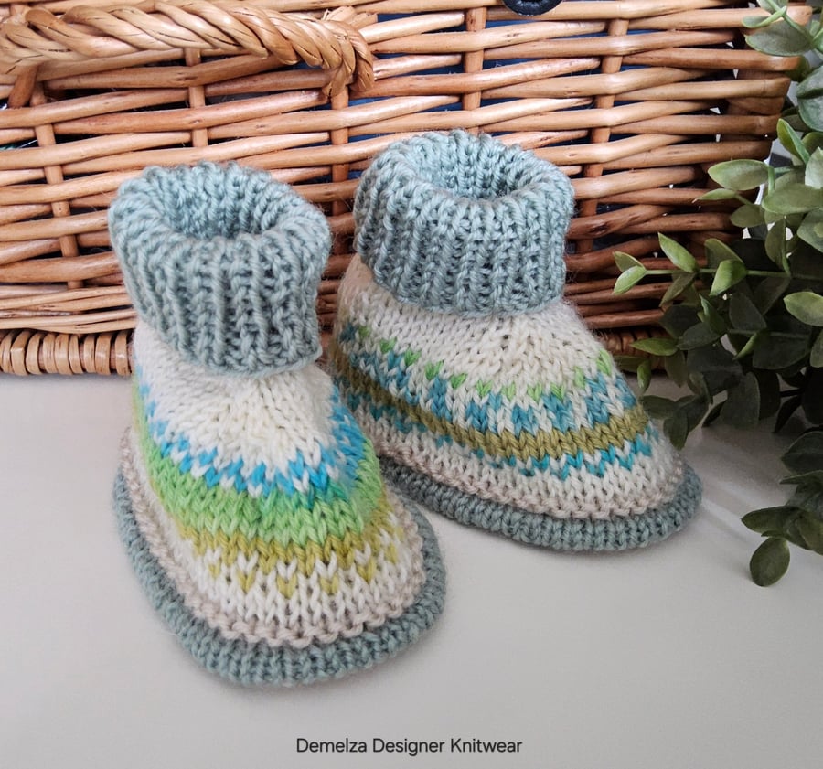 Designer Fairisle 90% % 100% Merino Wool Booties 3-9 months size