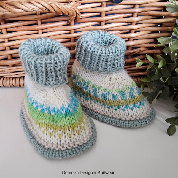 Designer Fairisle 90% % 100% Merino Wool Booties 3-9 months size