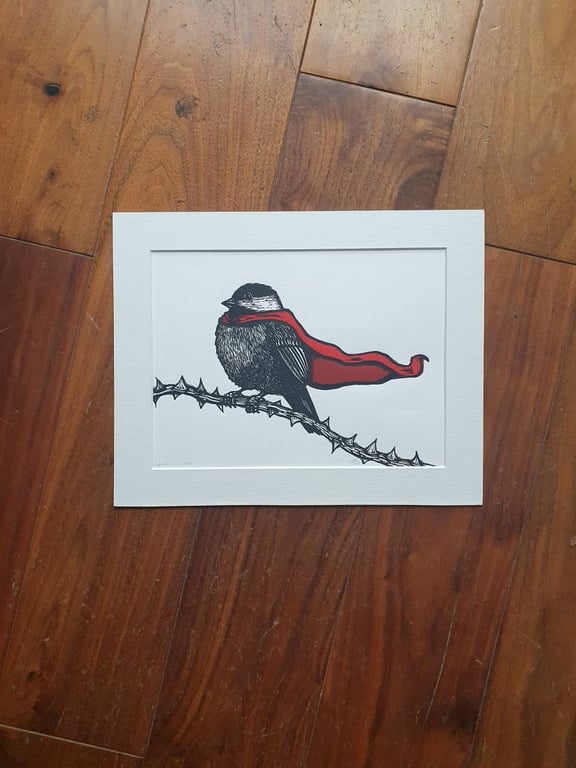 Caped Chickadee - handmade original linocut bird art print