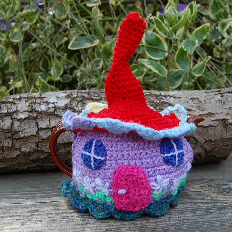 Crochet Fairy cottage tea cosy, colourful tea cosy for a tea for one teapot