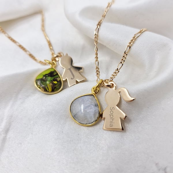 Personalised Birthstone & Child Charm Necklace Laser Engraved Jewellery Gift Gif
