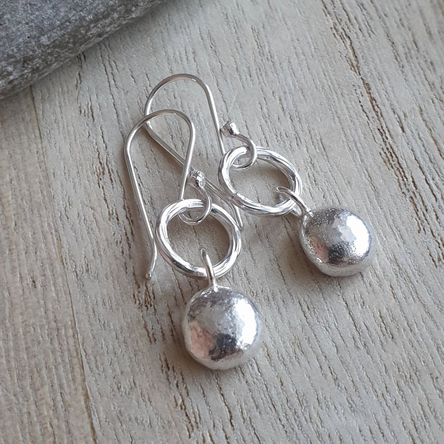 Sterling silver pebble earrings, Recycled metal, Organic jewellery