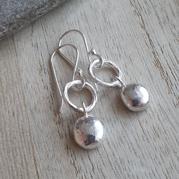 Sterling silver pebble earrings, Recycled metal, Organic jewellery