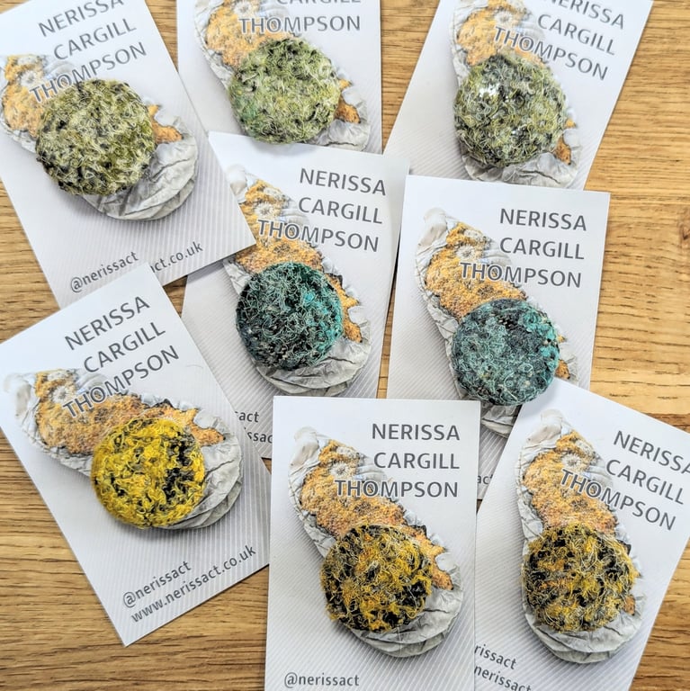 Abstract Embellished Recycled Textile mini button Brooches 