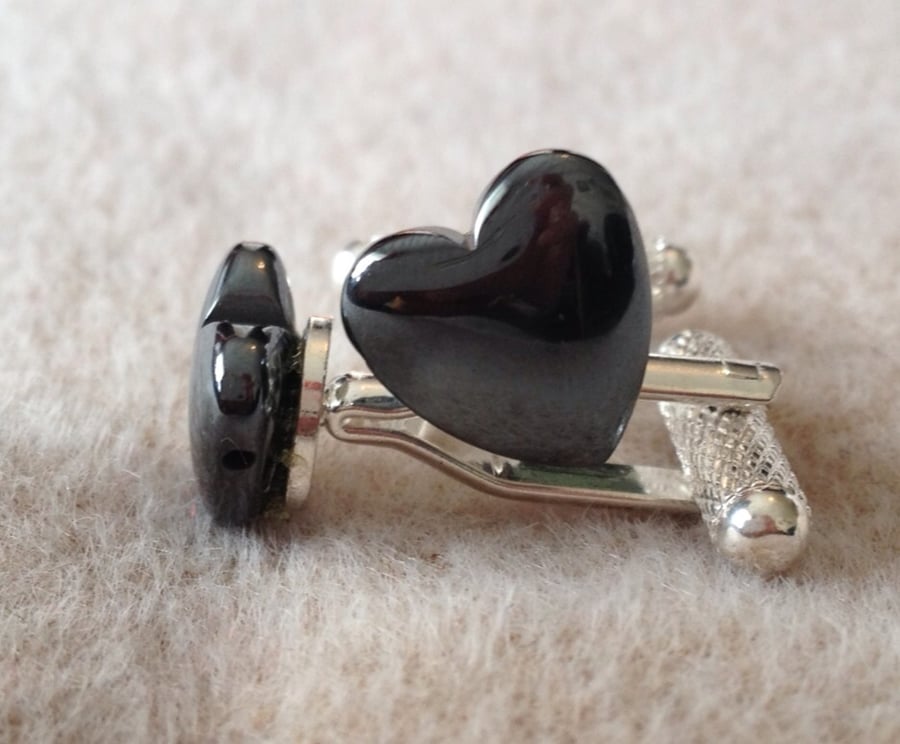 Haematite heart cufflinks