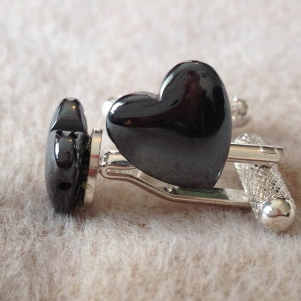 Haematite heart cufflinks
