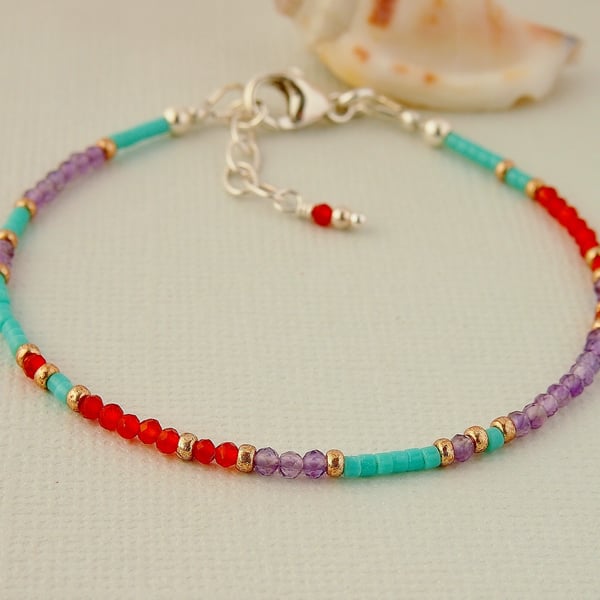 Multi Gemstone Skinny Bracelet - Carnelian - Amethyst - Sterling Silver 