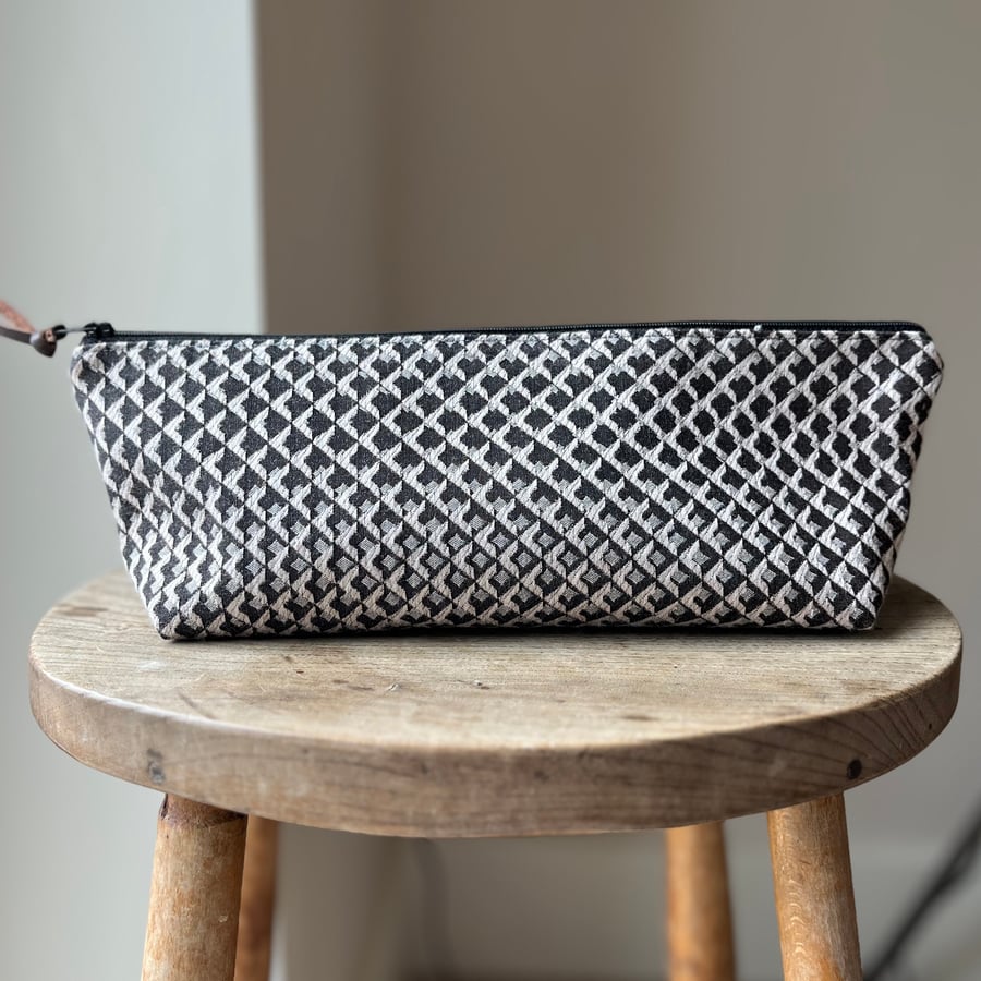 Grey geometric large pencil case zip pouch craft project bag
