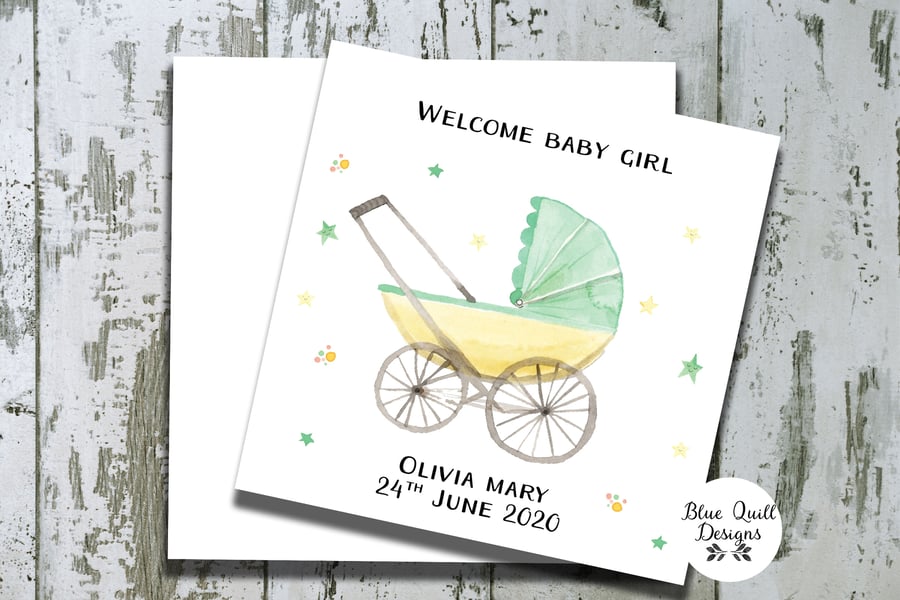 Personalised New Baby Card - Girl or Boy - Watercolour Print - Pram