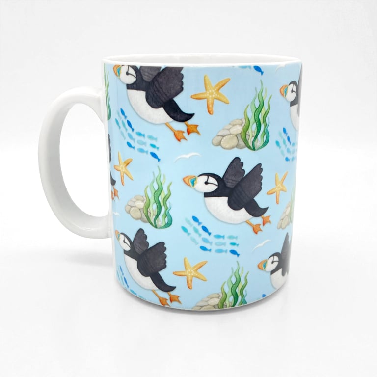 Puffin Pattern Mug - Flying Puffins. Seaside Mug. Coastal Nautical Kitchen Decor