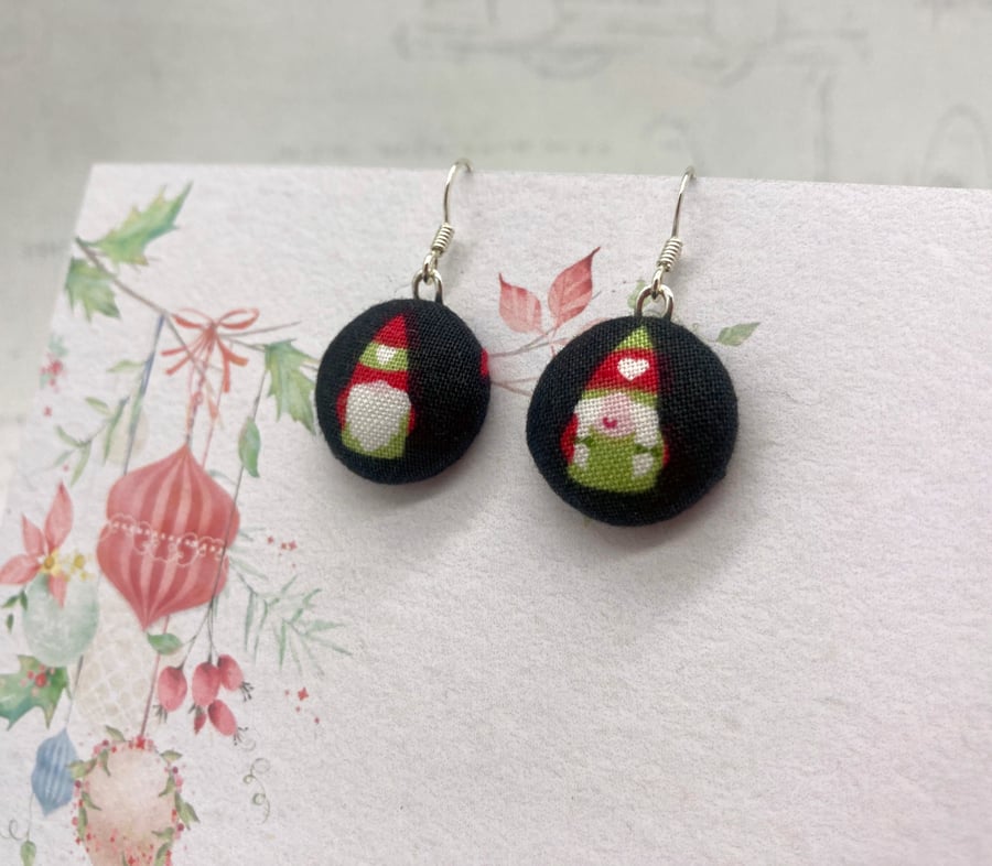 Tomtes or gnomes small fabric button dangle earrings Scandi 