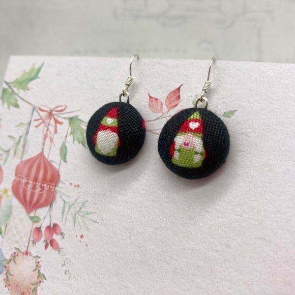 Tomtes or gnomes small fabric button dangle earrings Scandi 