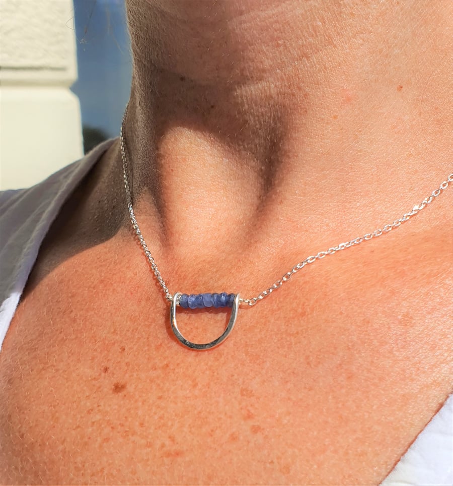 Real Sapphire and Hammered Sterling Silver Necklace, Natural Undyed Sapphire