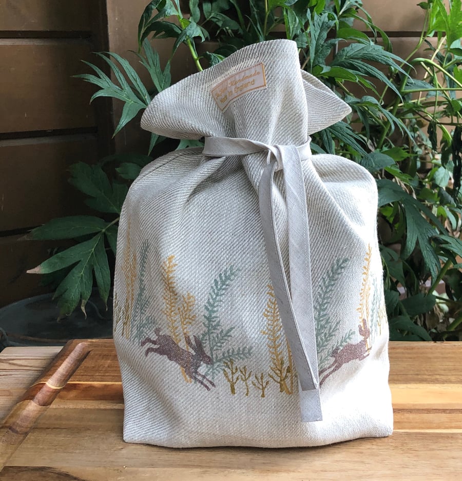 Hand Printed Linen Bread Bag- Meadow Hares