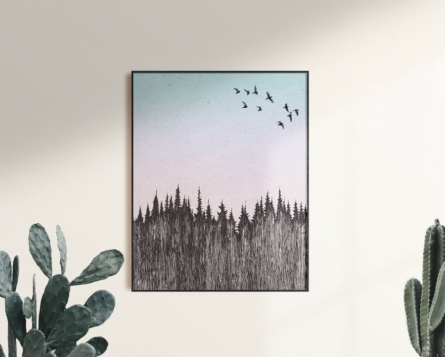 Flying Birds and Woods Silhouette Print