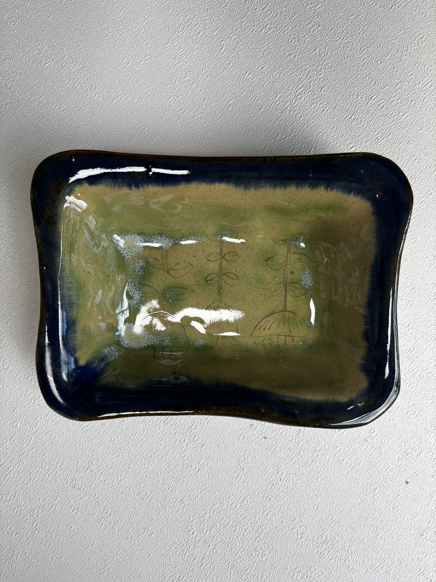Blue & green soap dish or sponge dish with stamped flowers stoneware ceramic