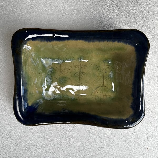 Blue & green soap dish or sponge dish with stamped flowers stoneware ceramic