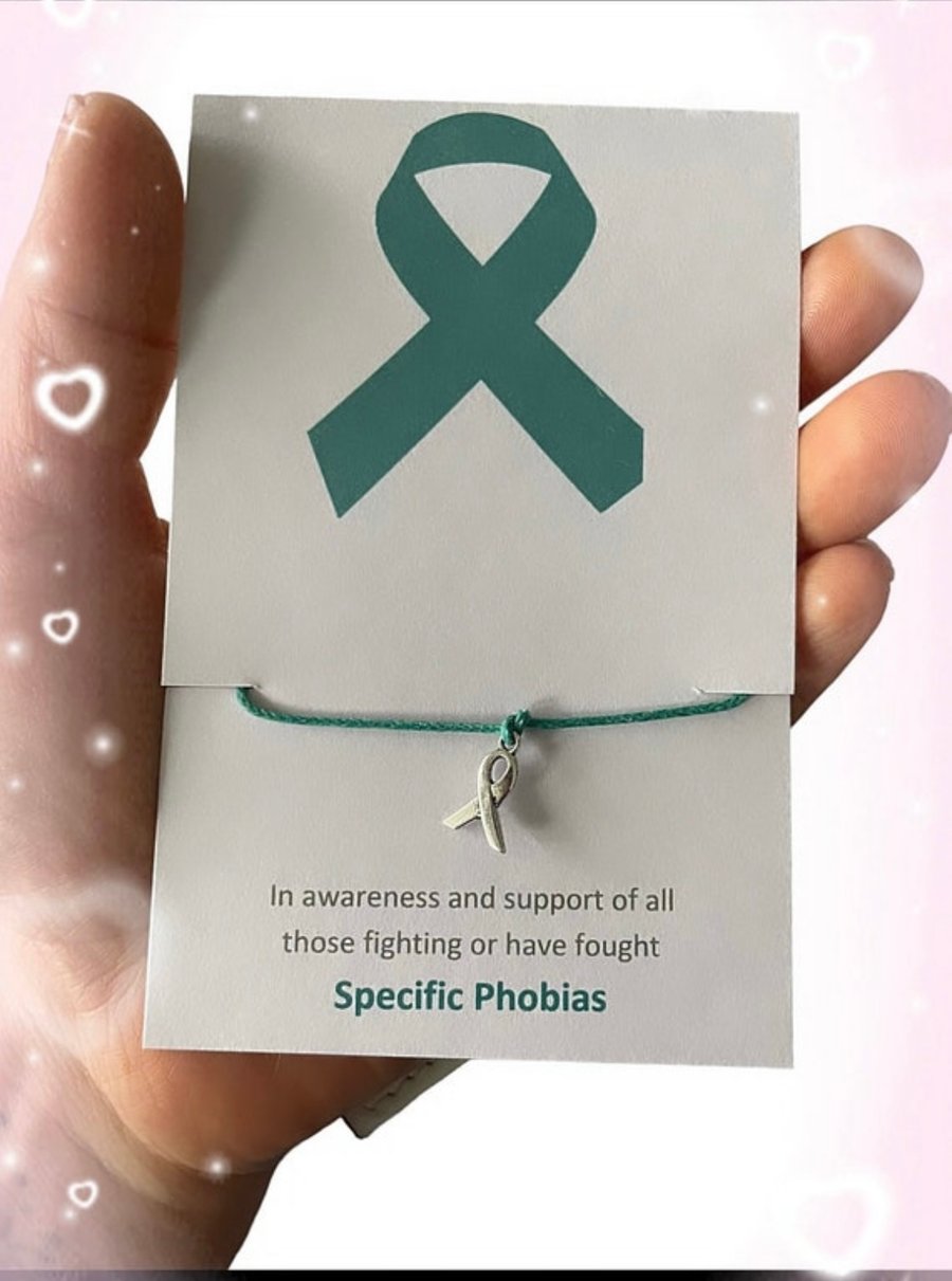Specific phobias awareness teal ribbon charm corded wish bracelet gift