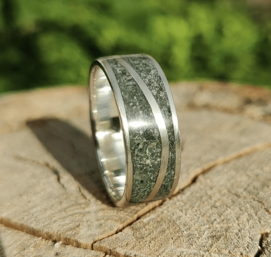 Silver and Lake District Green Slate Inlay Wave Ring