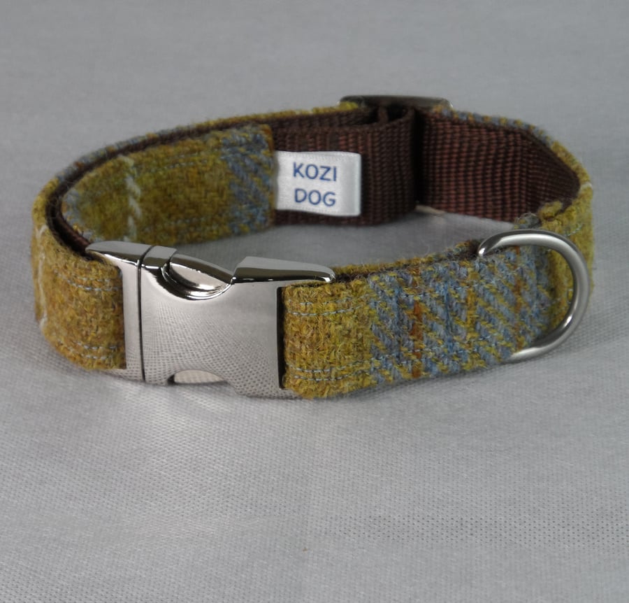 Handmade Harris Tweed Dog Collar - Mustard-Blue Tartan 