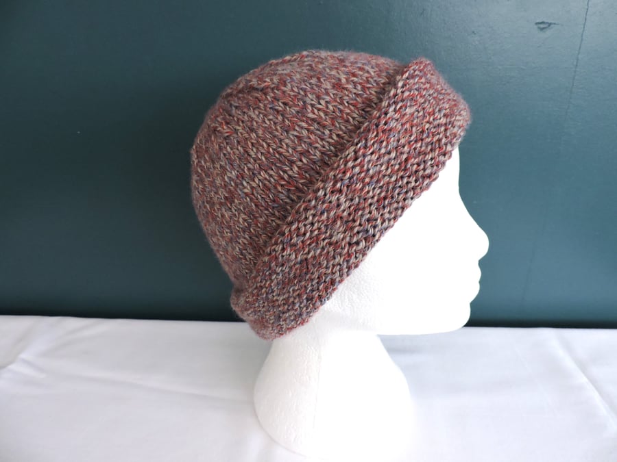 Knitted Hat Adults Red Cream and Grey Marl Chunky Yarn