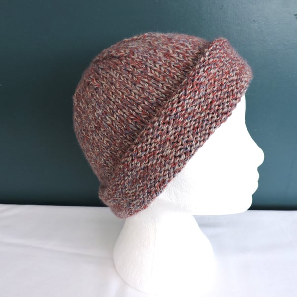 Knitted Hat Adults Red Cream and Grey Marl Chunky Yarn