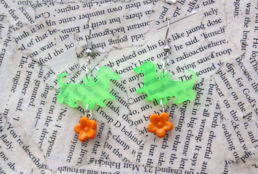 Dachshund Dog Neon Green Orange Flower Charm Hook Dangle Earrings