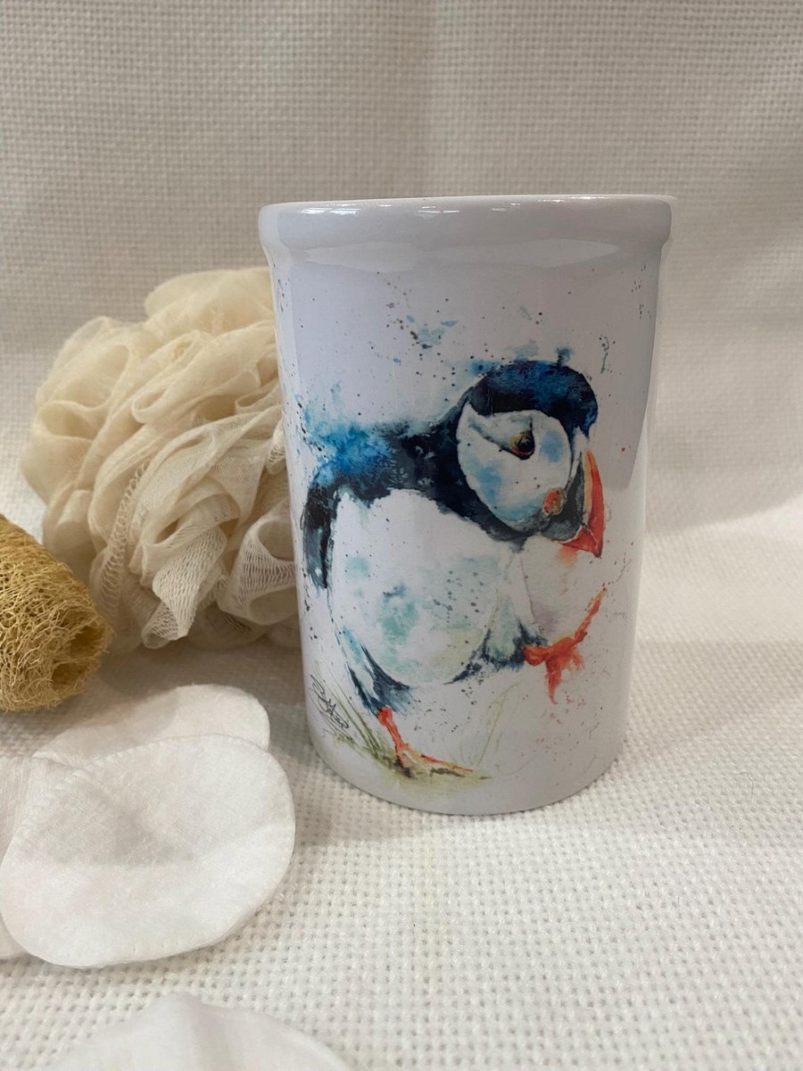 Ceramic Puffin Vase, Toothbrush Holder, Pen Caddy. By Watercolour Artist Sandi M