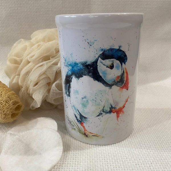 Ceramic Puffin Vase, Toothbrush Holder, Pen Caddy. By Watercolour Artist Sandi M