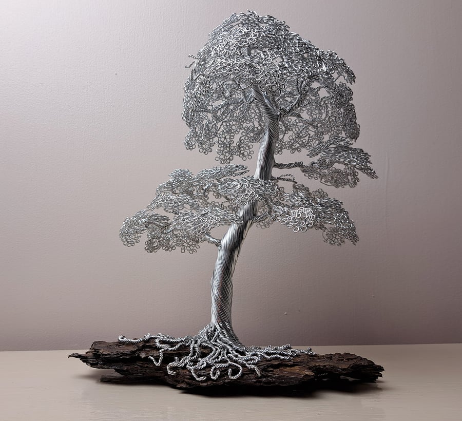 Beautiful Mini wire Oak tree on Pine bark. Free UK shipping