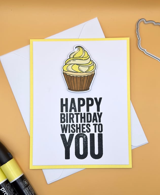 Handmade Birthday Card A2, Hand Coloured Cupcake, Yellow, 5.5x4.25”